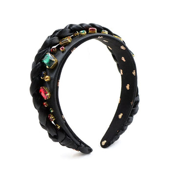 Alessia - Braided and Jewelled Silk Headband - Jet black with Multi-coloured Crystals