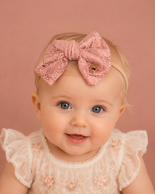 Bella – Blush Lace Stretchy Bow Headband and Scrunchie - Baby & Toddler size