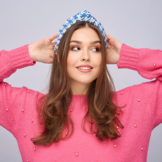 Lexy - blue and white houndstooth woven wool knotted Headband with a gold thread and white pearls
