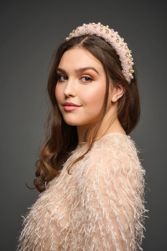 Charlotte - Halo Headband in Teddy Blush Pink with Crystals and Pearls