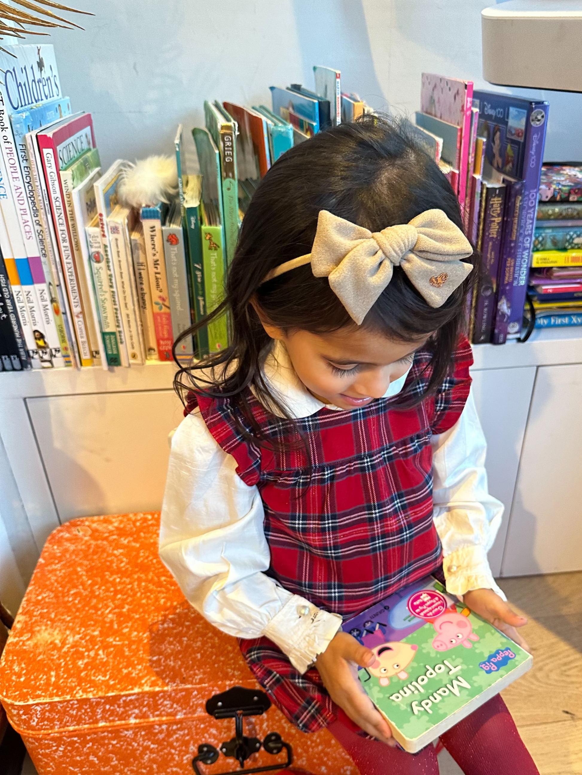 Child in a plaid dress reading a book with books and a suitcase in the background