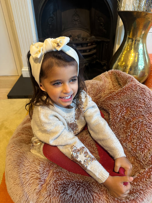 Bianca - Baby and Toddler Girls Hair Accessory - white velvet pearl bow stretch headband