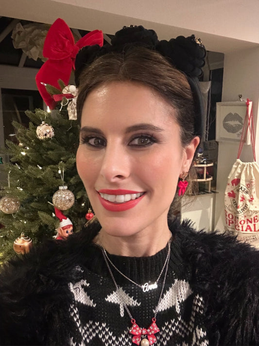 Emily - Hot Red Bow Earrings with MC Charm - Exclusive and New