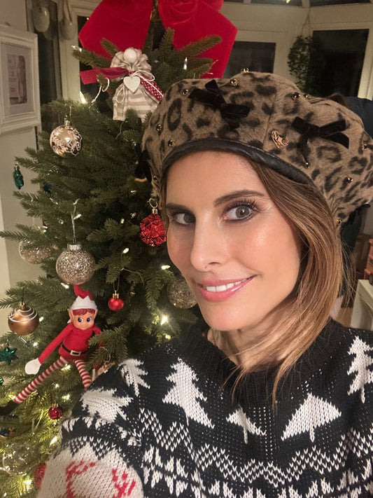 Frankie - Leopard Brown and Black Wool Beret Hat -with Adjustable Sizing and Faux Black Leather Rim