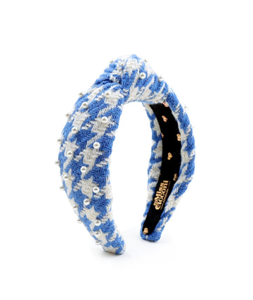 Lexy - blue and white houndstooth woven wool knotted Headband with a gold thread and white pearls