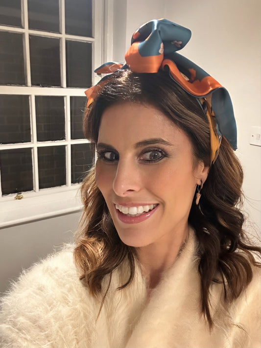 Brigitte - Orange and White - Orchid floral Leaf Marine Blue Silk Hair Tie and Scarf
