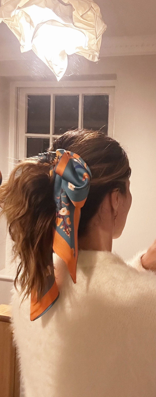 Brigitte - Orange and White - Orchid floral Leaf Marine Blue Silk Hair Tie and Scarf