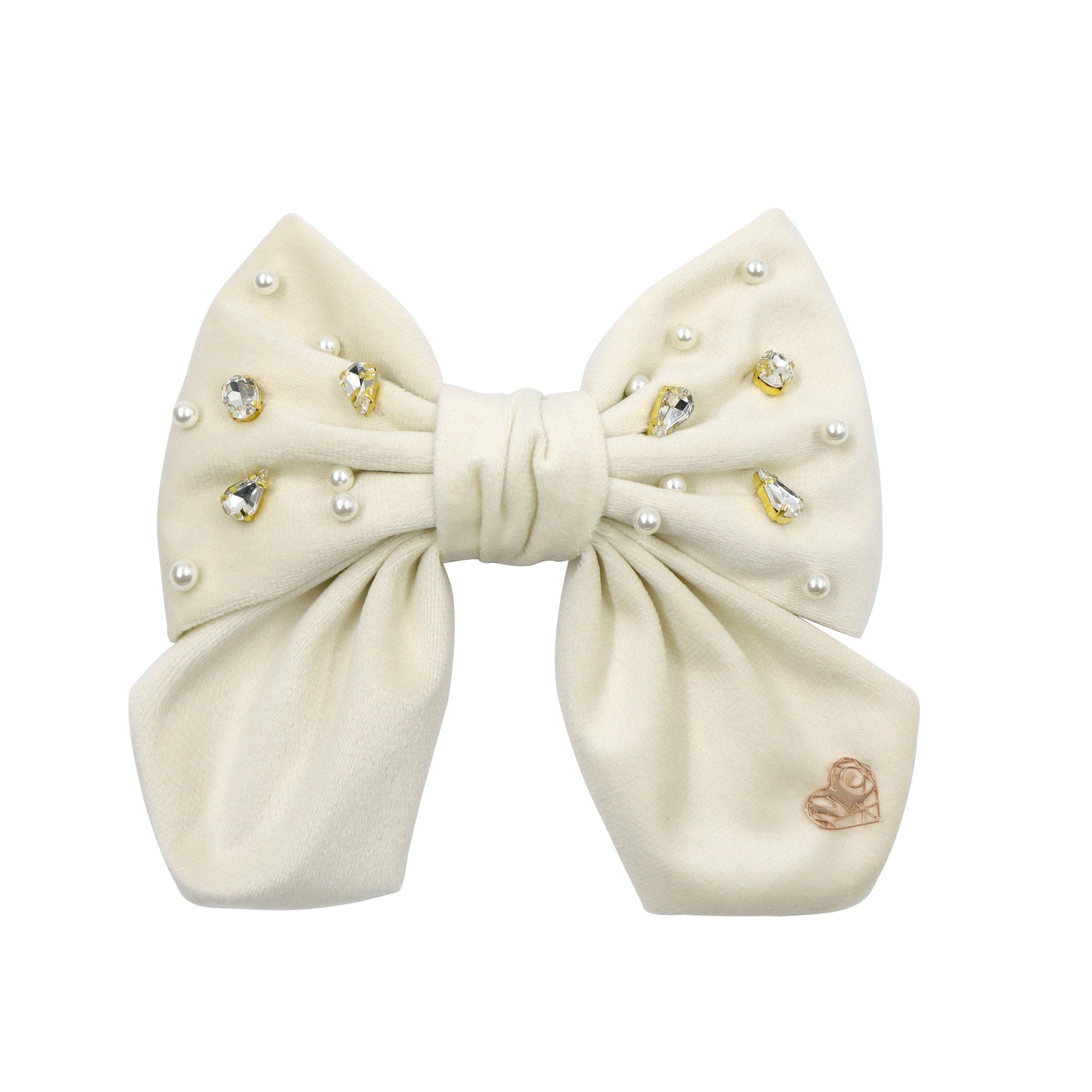 Samanta - Bow Hair Clip - Ivory Velvet with Crystals and Pearls