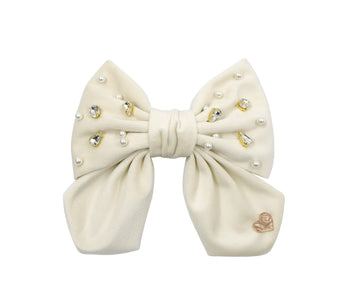 Samanta - Bow Hair Clip - Ivory Velvet with Crystals and Pearls