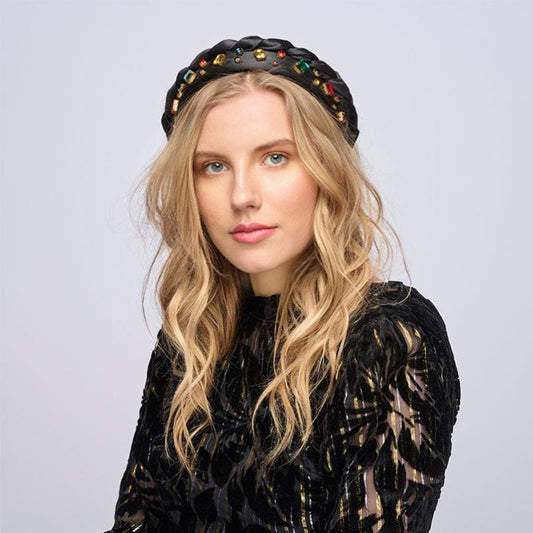 Alessia - Braided and Jewelled Silk Headband - Jet black with Multi-coloured Crystals