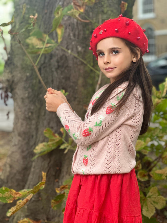 Taylor - Hot Red Wool Beret Hat - Embellished Pearls - Mini-Me Child Size