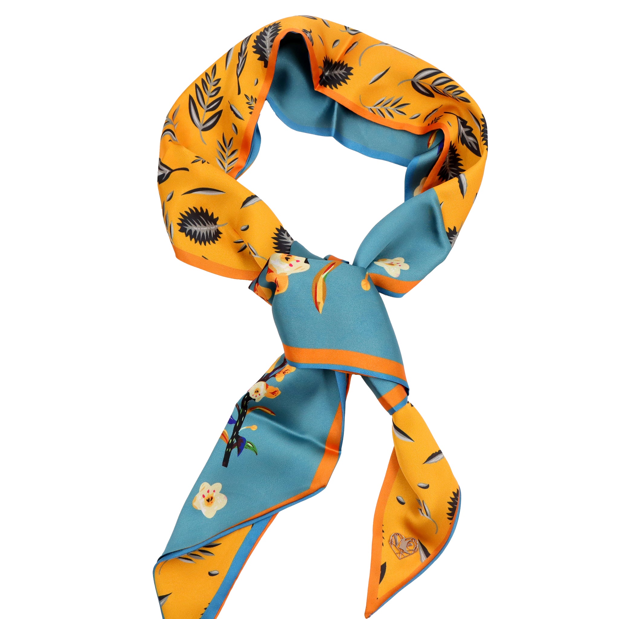 Brigitte - Orange and White - Orchid floral Leaf Marine Blue Silk Hair Tie and Scarf