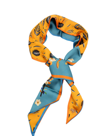 Brigitte - Orange and White - Orchid floral Leaf Marine Blue Silk Hair Tie and Scarf