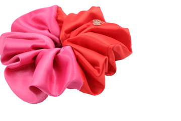Isabella – Hot Pink & Red Colour-Block Oversized Scrunchie in Matte Satin