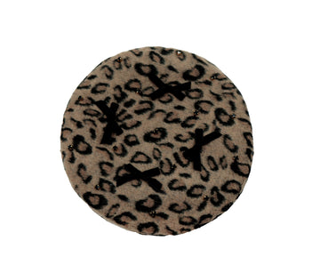 Frankie - Leopard Brown and Black Wool Beret Hat -with Adjustable Sizing and Faux Black Leather Rim