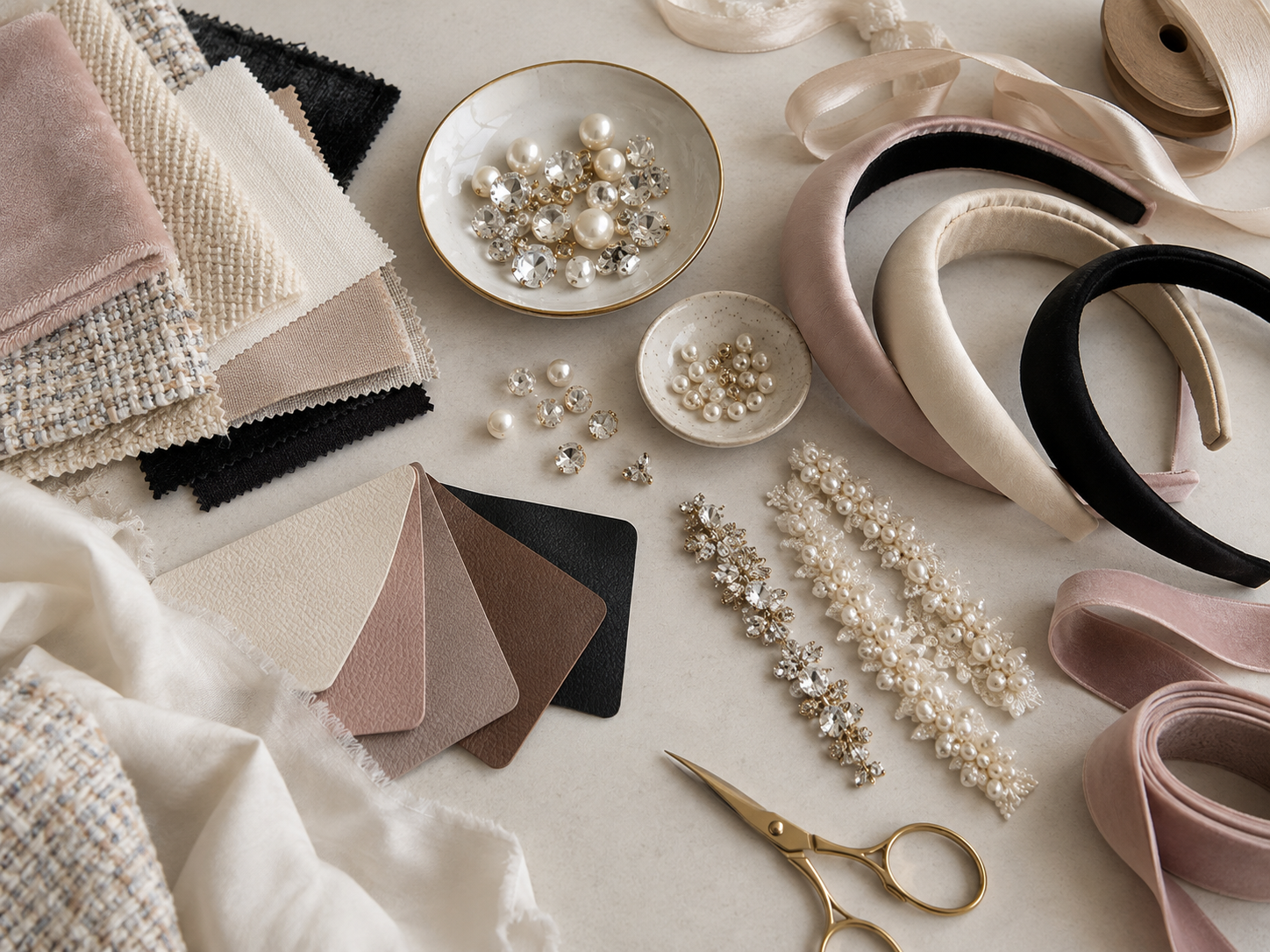 Fabrics, ribbons and embellishments selected for Miss Cicconi bespoke headbands